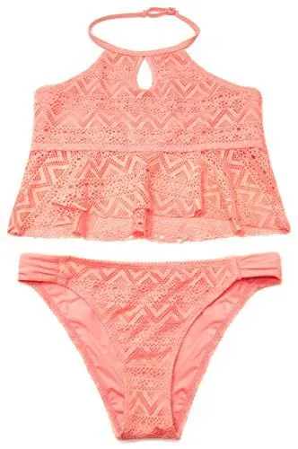 Produktbild: SHEKINI Mädchen Zweiteiler Bikini Badeanzug Rückenfrei Kinder Teenager Süß Bademode Cutout Mädchen Badebekleidung Schwimmanzug Tankini Set（10-12 Jahre, Hell Orange C）