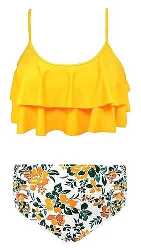 Produktbild: SHEKINI Mädchen Zweiteilige Badeanzüge Rüschen Bikinioberteil mit Triangel Bikinihose Niedlich Mädchen Tankini for 6-14 Jahre (12-14 Jahre, Mädchen-Geld)