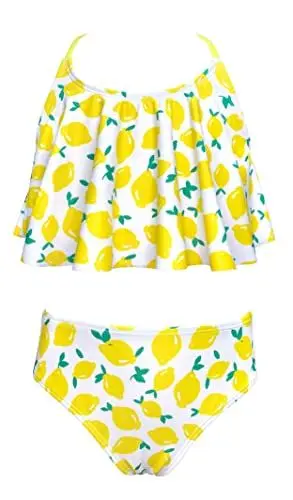 Produktbild: SHEKINI Mädchen Zweiteiliger Badeanzug Racerback Gedruckt Tankini Oberteil Triangel Bikinihose Teenager Bikini für 6-14 Jahre (7 Jahre,Gelb)