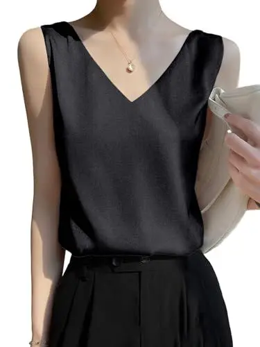 Produktbild: SHEKINI Satin Tank Top Damen Unterhemden Ärmellose Cami Camisole Blusentop Basic Tops Sommer Lässige Weste V-Ausschnitt Oberteile Blusen Shirt Dessous