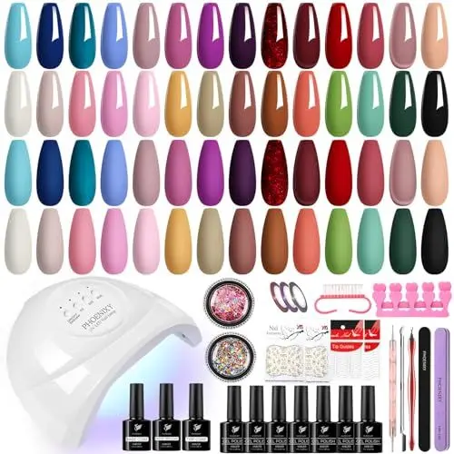 Produktbild: Nagelset Gelnägel Starterset, Phoenixy 28 Farben Gel Nägel Set mit 48W U V/LED Lampe, Gelnägel Set mit Nagel-Tools für Anfänger Geschenke für Frauen