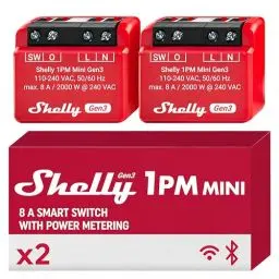 Produktbild: Shelly 1PM Mini Gen3 | WLAN & Bluetooth Smart Relais Schalter, 1 Kanal 8A mit Strommessung | Unterputz Lichtschalter | Alexa und Google Home | iOS-Android-App | Kein Hub erforderlich (2er-Pack)