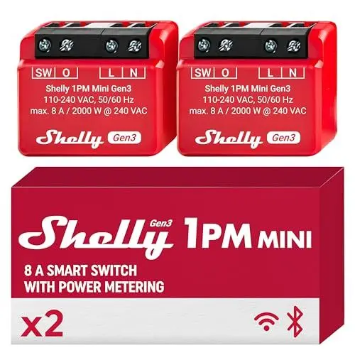 Produktbild: Shelly 1PM Mini Gen3 | WLAN & Bluetooth Smart Relais Schalter, 1 Kanal 8A mit Strommessung | Unterputz Lichtschalter | Alexa und Google Home | iOS-Android-App | Kein Hub erforderlich (2er-Pack)