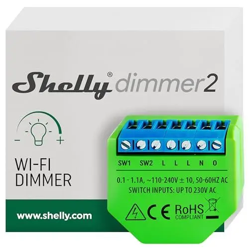 Produktbild: Shelly Dimmer 2, Intelligenter Wlan Dimmer, Kein Neutralleiter nötig, Hausautomatisierung, Kompatibel mit Alexa & Google Home, iOS Android App, Kein Hub erforderlich, Dimmbare Lichter