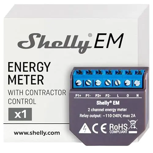 Produktbild: Shelly EM - Wlan-gesteuerter intelligenter Energiezähler mit Schützsteuerung, Hausautomatisierung, Alexa & Google Home kompatibel, iOS Android App, Kein Hub nötig, Duale Leistungsmessung, 12,07 dBm