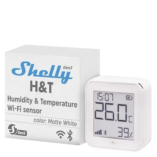 Produktbild: Shelly H&T Gen3 Weiß | WLAN Smart Temperatur- und Feuchtigkeitssensor | Fernsteuerung | Smarte Szenen | Benachrichtigungen | Datenspeicherung | Kein Hub Erforderlich | Alexa & Google Home