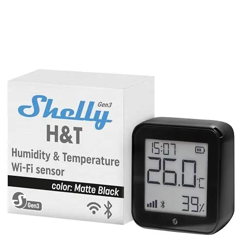 Produktbild: Shelly H&T Gen3 Schwarz | WLAN Smart Temperatur- und Feuchtigkeitssensor | Fernsteuerung | Smarte Szenen | Benachrichtigungen | Datenspeicherung | Kein Hub Erforderlich | Alexa & Google Home