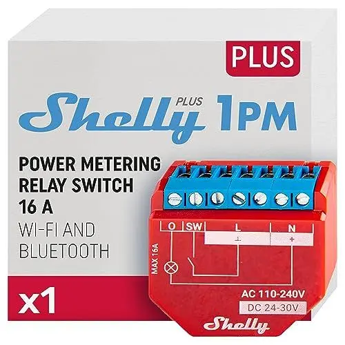Produktbild: Shelly Plus 1PM | WLAN & Bluetooth Relais Schalter mit Strommessung - 16A | Lichtsteuerung | Funktioniert mit Alexa & Google Home | iOS- & Android-App | Kein Hub erforderlich