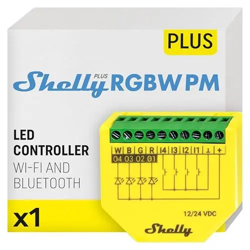 Produktbild: Shelly Plus RGBW PM - WLAN Controller für LED-Streifen, 12-24 VDC, 3 Beleuchtungsprofile, Leistungsmessung, Dimmer für Weißes oder Farbiges Licht, kein Hub Erforderlich, Alexa & Google Home