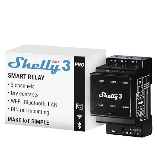 Produktbild: Shelly Pro 3 | WLAN & LAN 3-Kanal 3-Phasen Smart DIN-Schienen Relais Schalter - 48A | Alexa & Google Home | iOS Android App | Hausautomation | Lichtsteuerung | Fernsteuerung motorisiertes Ventil