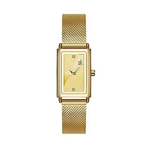 Produktbild: SHENGKE Damenuhr, rechteckiges Gehäuse, Quarzuhr mit Milanaise-Mesh-Band, Business-Casual-Klasse-Armbanduhr, K0119-Gold