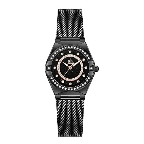 Produktbild: SHENGKE SK Fashion Damenuhren mit Kristall-Diamanten Damen-Armbanduhr mit echtem Leder- und Edelstahlband.Black (Black Mesh)