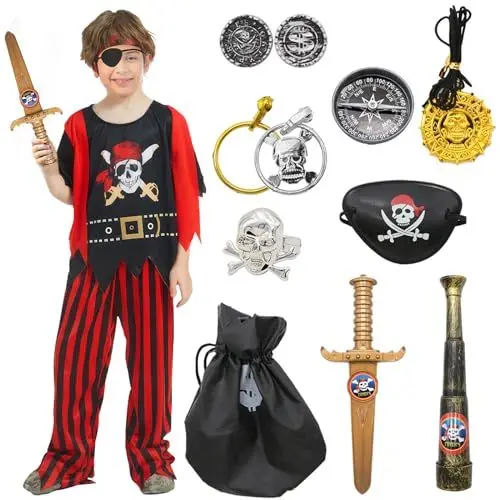 Produktbild: shengo Piraten-Piratenkostüm, Kinder Piratenkostüm Piratenzubehör mit Fernglas Dolch Augenklappen Münzsäckchen Kompass Piratenmünzen für Kinder Jungen Karneval Party Verkleidung
