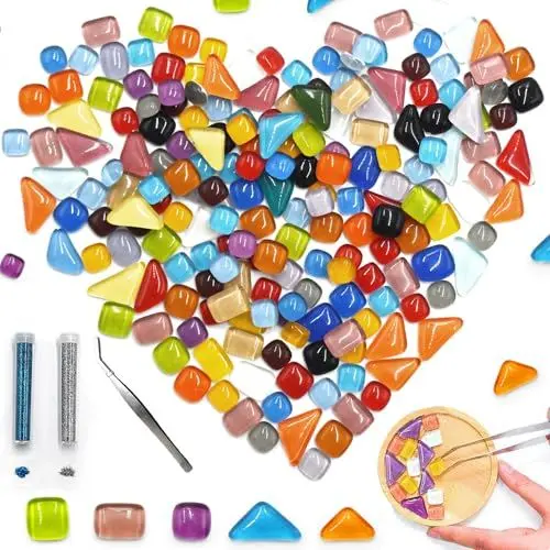 Produktbild: SHENSAIGO 250g Bunte Glas Mosaiksteine, Unregelmäßig Gemischte Glas Mosaik Steine mit Pinzette, Mini Mosaiksteine Zum Basteln, Mosaik Bastelset Erwachsene für Fotorahmen Blumentöpfe DIY Kunstprojekte