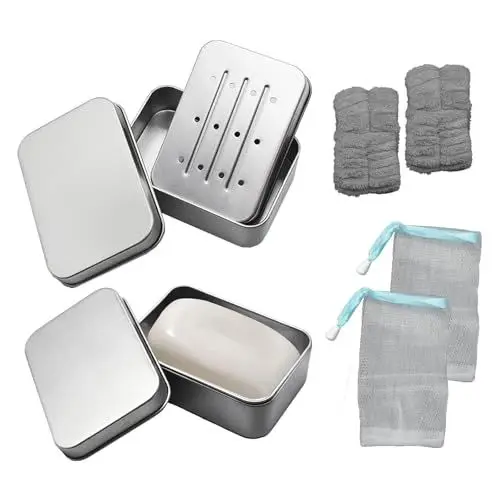 Produktbild: SHENSAIGO 2 Stück Seifendose aus Aluminium, Seifendose Reise Wasserdicht, Seifenbox Reise mit 2 Seifensäckchen und 2 Absorbierendes Handgelenkband, Seifenschale mit Abtropfgitter für Hause, Reisen