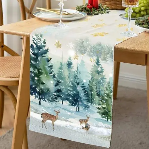 Produktbild: SHEPIN Tischläufer Weihnachten Mode Aquarell Rentier Baum Weihnachts Tischläufer 40x180 cm, Saisonnal Winter Tischläufer Modern Weihnachtstischläufer Weihnachtsläufer Tisch Küche Party Dekor