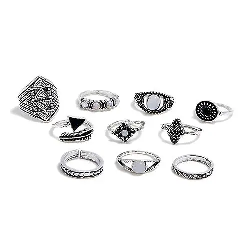 Produktbild: SHERCHPRY 10stücke Teiliges Damenring-set Mit Vintage Ethno-design Und Farbigen Edelsteinen Für Partys Und Alltag Verstellbar Silberfarben Perfektes Für Frauen Und Mädchen