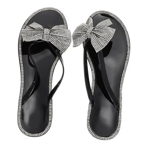 Produktbild: SHERCHPRY 1 Paar Flip-Flops Damensandalen Strass-Sandalen für Damen Blumensandalen sommersandalen summer shoes for women Hausschuh mit Strass-Schleife Strass Bowknot Flops Sohle: PVC Black