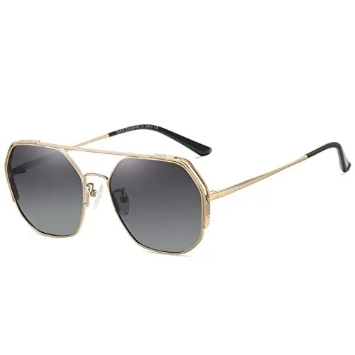 Produktbild: SHES Double Bridge Polygon Polarisierte Sonnenbrille für Frauen Designer Klassische Sonnenbrille Hexagon Frame Shades SH3016 (Gold Rahmen Farbverlauf Grau Linse)