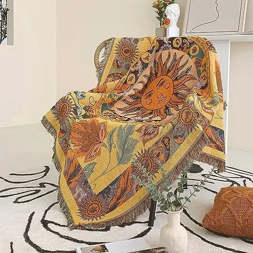 Produktbild: Shesyuki Boho Wurf Decke Reversible Baumwolle Bohemian Tapestry Hippie Raum Dekor Teppich Stuhl Couch Sofa Abdeckung Outdoor Decke Doppelseitig (National Sun Pattern Yellow 50
