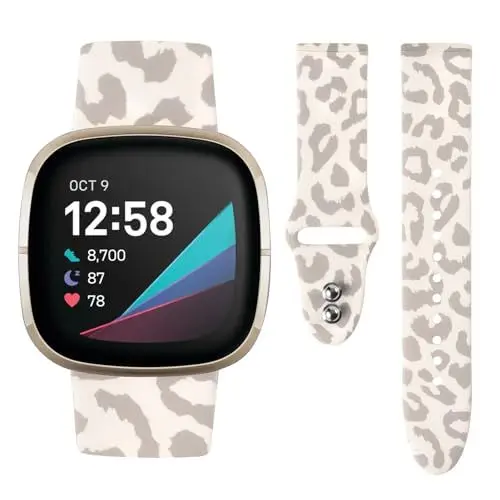 Produktbild: Shesyuki bedrucktes weiches Silikonarmband kompatibel mit Fitbit Versa 3/Versa 4/Sense und Sense 2 Smart Watch, Leopardendruck Größe erweitertes Armband für Frauen (Leopard-beige)
