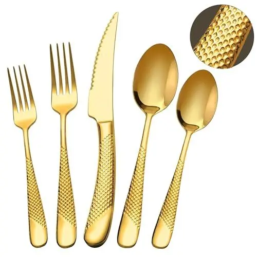 Produktbild: SHEUMNT 20-teiliges modernes, Gehämmertes Besteckset aus Gold mit ultrascharfem 2-in-1 Wellenschliffmesser, Utensilienset aus Edelstahl 18/10, Besteckset für 4 Personen, Messer Gabel Löffel Set