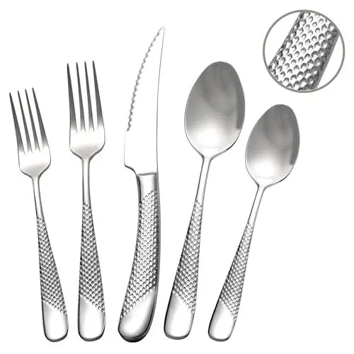 Produktbild: SHEUMNT 20 Stück Hammerschlag Silber Besteck, 18/10 Edelstahl Besteck Set, Modernes Küchenutensil Set Service für 4, Geschirr Set, Essbesteck inklusive Gabel Löffel und Messer