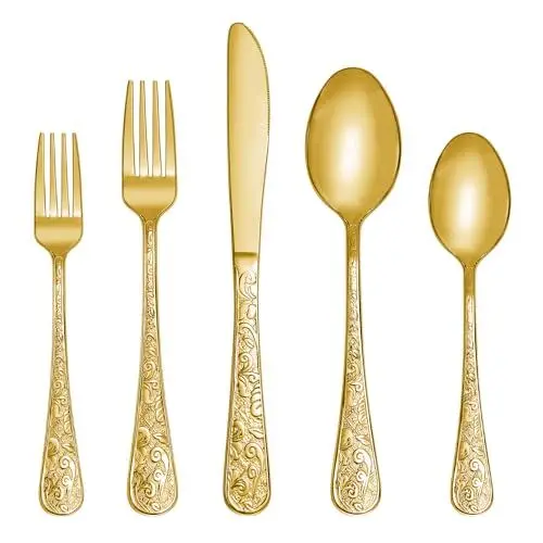 Produktbild: SHEUMNT 20-teiliges Besteckset im Gold Vintage-Stil mit Schnitzereien für 4 Personen, Edelstahlgeschirr mit Messer/Gabel/Löffel, Besteckset für Zuhause und Küche, Hochglanzpoliert