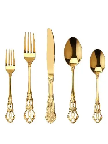 Produktbild: SHEUMNT Wunderschönes Retro Royal Gold Edelstahl 20-teiliges Besteckset, goldenes Essbesteck Set, rostfreier Edelstahl, goldenes Besteckset, Utensilien inklusive Gabel, Löffel und Messer
