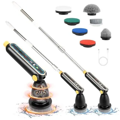 Produktbild: SHGUMITE Elektrische Reinigungsbürste - Schnurloser Elektrischer Spin Scrubber mit 7 Austauschbaren Bohrbürstenköpfen, Verstellbarem Griff und IPX7 Wasserschutz, Ideal für Haushalt, Bad und Auto