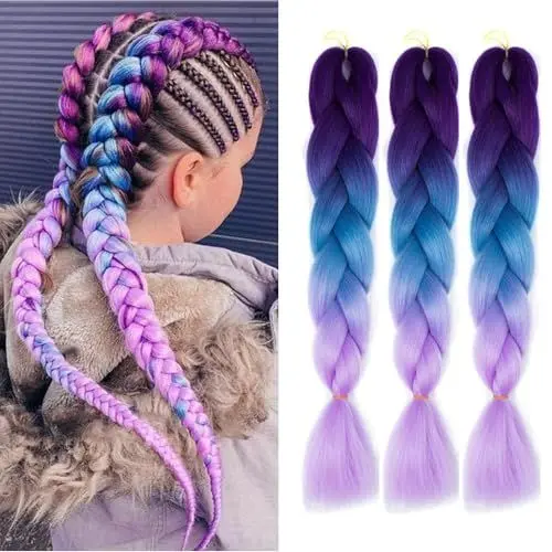 Produktbild: SHIHERESH Braid Hair Extensions, Kanekalon Braiding Hair 3Pack/Lot Ombre Jumbo Braiding Hair Extensions 24 Inch Jumbo Braid Synthetic Hair for Braiding(Dunkellila-Seeblau-Helllila)