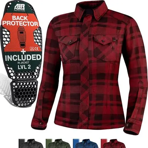 Produktbild: SHIMA RENEGADE LADY 2 Motorrad Hemd Damen - Verschleißfest Baumwolle Karierte Motorradjacke Damen mit CE Protektoren, FiberQL - Aramid und Kühlungsschicht, Reißverschluss (Rot, XL)