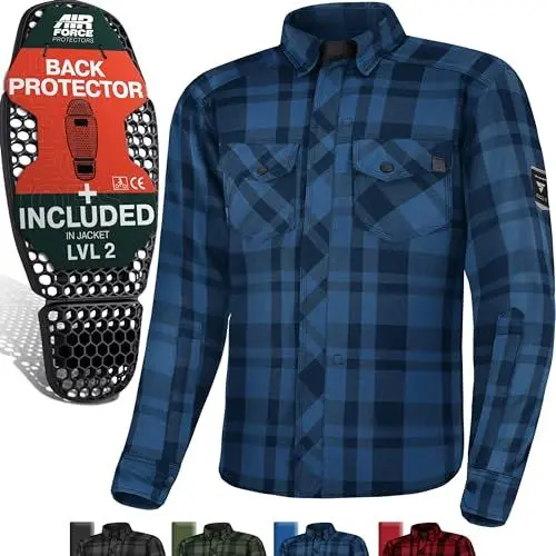 Produktbild: SHIMA RENEGADE MEN Motorrad Hemd - Verschleißfest Baumwolle Karierte Motorradjacke Herren mit CE Protektoren, FiberQL Aramid und Kühlungsschicht Reißverschluss (RENEGADE 2, Blau, XL)