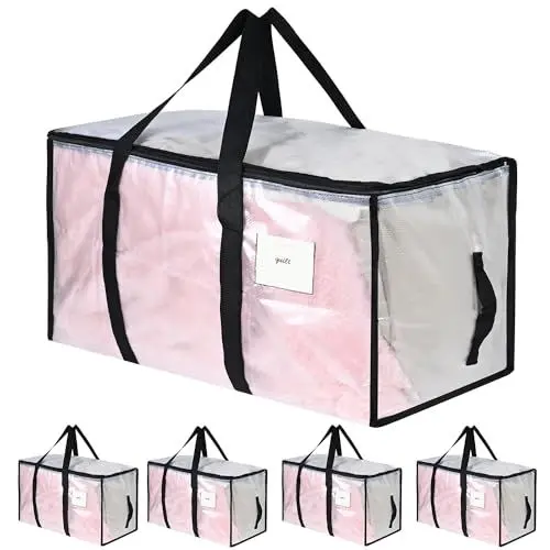 Produktbild: SHINEED 4-tlg Durchsichtig Aufbewahrungstasche - 69 x 35 x 38 cm, 90L, Groß, PP-Plastik Umzugstasche mit Schwarz Reißverschluss, Griff - Aufbewahrung, Umzug Tasche für Kleidung, Decken