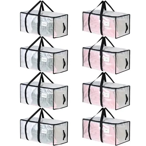 Produktbild: SHINEED 8-tlg Durchsichtig Aufbewahrungstasche - 69 x 35 x 38 cm, 90L, Groß, PP-Plastik Umzugstasche mit Schwarz Reißverschluss, Griff - Aufbewahrung, Umzug Tasche für Kleidung, Decken