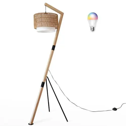 Produktbild: ShineMuse Rattan Stehlampe Wohnzimmer,15W RGB-Glühbirne dimmbar,Retro Tripod Holz Schwarz Stehlampe Stehleuchte & Fußschalter