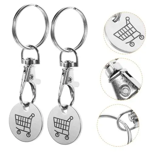Produktbild: SHINEOFI 4 Stück Einkaufsmarken Schlüsselanhänger kleiner Einkaufswagen Schlüsselbund Trolley-Entferner-Anhänger Token-Anhänger Rostfreier Stahl Zerleger Zubehör Zeichen