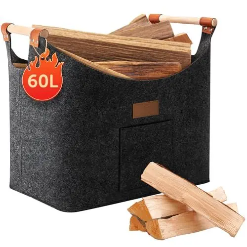 Produktbild: shinfly Holzkorb für Kaminholz 60L, Kaminholzkorb Brennholzkorb Groß für mehr Brennholz im Kamin, Faltbarer Feuerholzkorb aus Extradickem Filz für Einkauf, Holz, Spielzeug<strong>Anthrazit:</strong> 