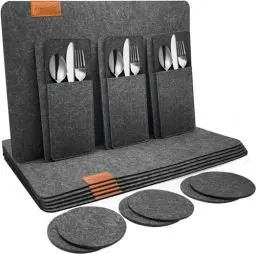 Produktbild: shinfly Tischsets Abwaschbar Platzsets aus Filz 18er Set, Abwischbar Tischsets, Hitzebeständig rutschfest Platzdeckchen mit Untersetzer, BestecksäCken für Küche, Speisetisch, 44x31cm<strong>Anthrazit:</strong> 