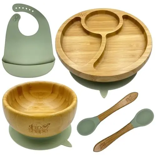 Produktbild: Ship Shape - Kindergeschirr Set Bambus Kinderteller Unterteilt - 2 x Silikon Babylöffel - Silikon-Lätzchen - Schüssel mit Saugnapf - Baby-Geschirrset - BPA-frei - Kostenloses Ebook