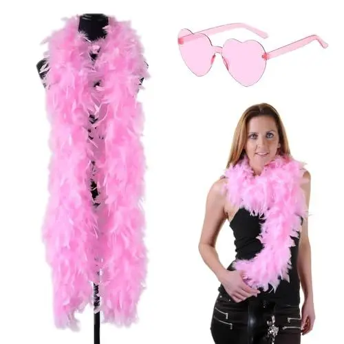 Produktbild: SHIQUAN Rosa Federschal Mit Herzförmiger Brille,Federboa Einfarbig Set,Flauschige Federboa,Rosa Sonnenbrille in Herzform,Geeignet für Tanz Hochzeit Weihnachten Halloween Karneval Dress up Zubehör