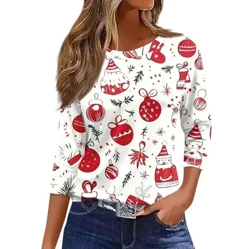 Produktbild: Shirt 3/4 Arm Damen mit Kragen Weihnachts T Shirt Christmas Pullover Women Damen Shirt 3/4 Arm Hässliche Tshirts Hai Kostüm Wickelpullover Damen Longbluse Damen Gebetskleidung Weiß S