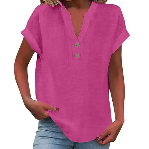 Produktbild: Shirt Damen 2025 Summer Mode Baumwolle Leinen V Ausschnitt Top mit Kurzärmelig Knopf Casual Outfit Reisen Bluse Rosa XL