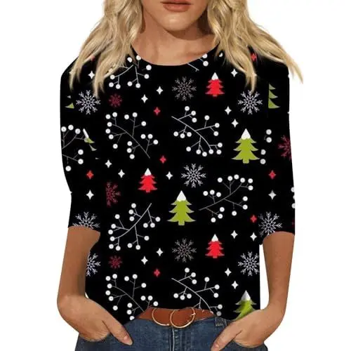 Produktbild: Weihnachtsshirt Damen Übergröße 3/4 Arm Shirt Xs Steampunk Kostüm Kleidung Teenager Mädchen Damen Bluse Viskose 3/4 Arm Elegant Festliche Grün M
