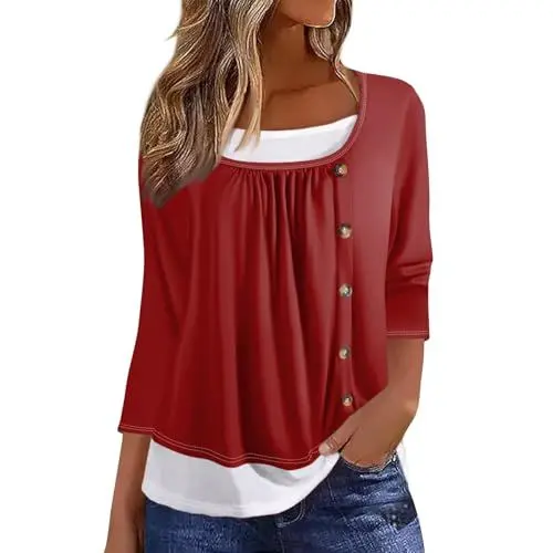 Produktbild: Shirt Damen 3/4 Arm Langarmshirt Damen Baumwolle Tops Damen Soft Hausanzug Herbst Schlichte Oberteil Baumwolle Weich 3/4 Ärmel Lässige Knöpfe Blusen Damen Übergrößen U-Boot-Ausschnitt Weinrot