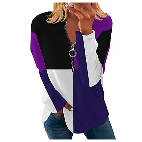 Produktbild: Shirt Damen Bluse Damenen Swing Pullover Mit Durchgehendem Reißverschluss Rundhals Winter Lange Ärme Pullover Woman Work Ethno Weich Lauschig Streifen Dicke Lila