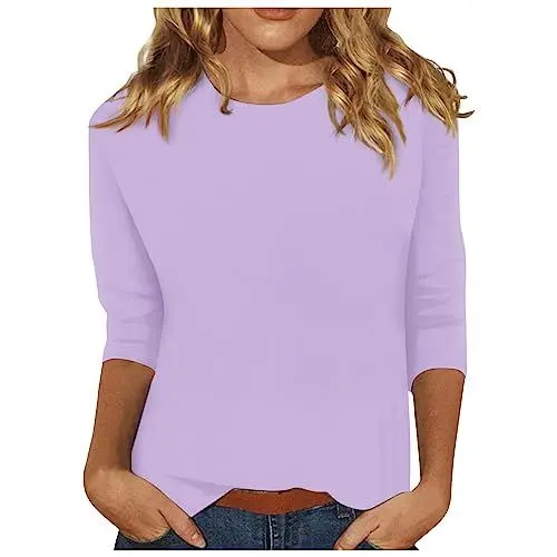Produktbild: Hemdbluse Damen,Shirt 3/4 Arm Damen Bluse Elegant Rundhalsausschnitt Oberteile Bluse Mode Leger Slim Fit Tops Bluse Dreiviertelarm Helles Lila 3XL