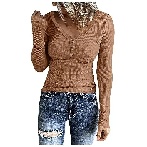 Produktbild: Shirt Langarm Damen Basic Shirt Damen Langarm Shirt mit Spitze Damen Basic Langarmshirt Damen Weißes Oberteil Damen Langarmshirt Damen Eng Ausschnitt Damen Leggings Elegant Braun S