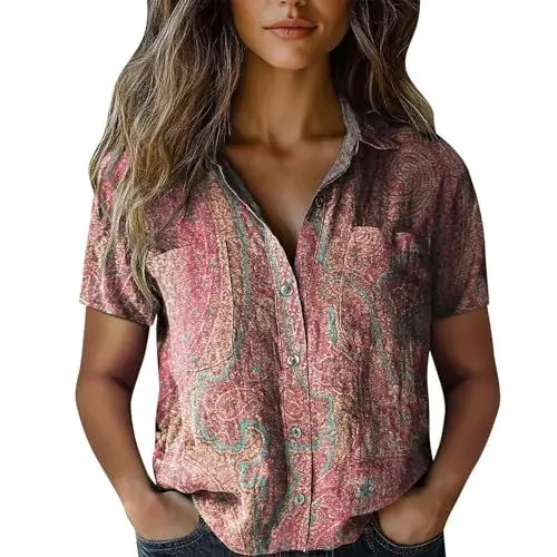 Produktbild: Shirt Mit Knöpfen Damen Daunenhemden Casual Tops Kurzarmbluse Damen Weiße Bluse (Pink, L)