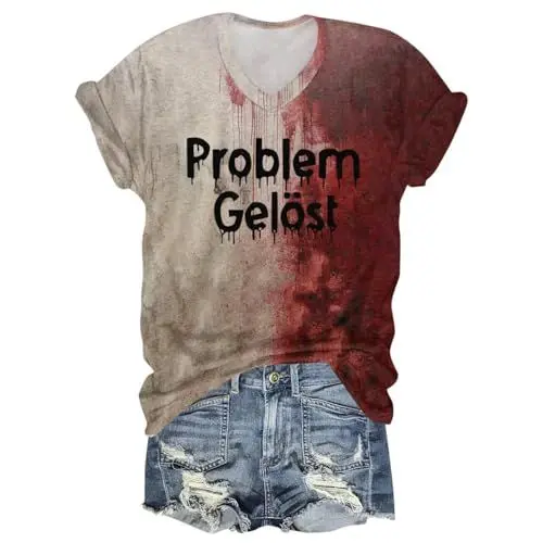 Produktbild: Shirt Problem GelöSt,Halloween T-Shirt Damen Bloody Kostume Horror Tshirt Blood Graphic Hemd Oberteile Rundhals Langarm Pullover Oberteile Oversized Halloween Shirt mit blutigem Fun T-Shirts